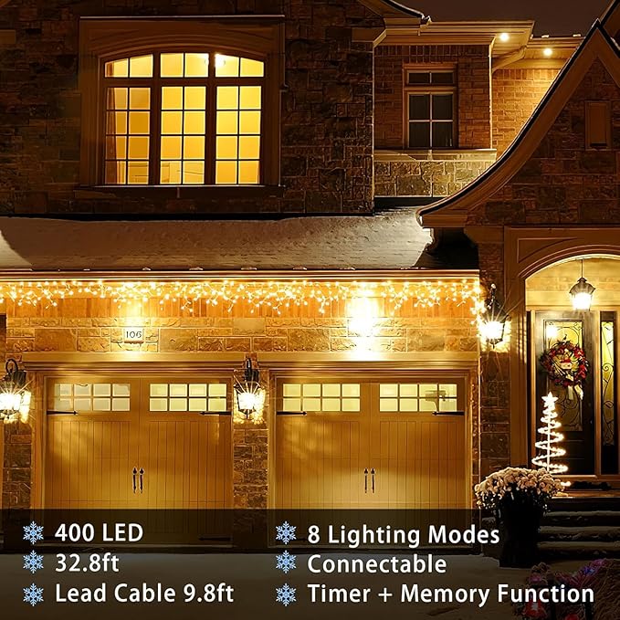 32.8ft 400 LED Icicle String Lights, 8 Modes Waterproof Icicle Christmas Lights Outdoor with Memory Function, Curtain Fairy Lights Hanging Decor for Home, Party, Christmas & Halloween (Warm White)