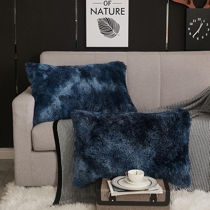 WERDIM Shaggy Faux Fur Pillowcases 2 Pack Button Closure Velvet Pillow Shams Standard/Queen Size (Tie Dye Navy, 20 X 26 Inches)