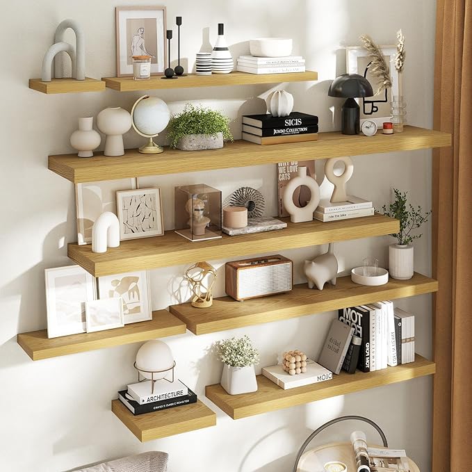 Floating Shelves for Wall with Invisible Brackets, Wall Mounted Engineered Wood Shelves with Wood Grain for Living Room, Bedroom, Bathroom, Kitchen Decor and Storage, Oak, 71"L Set of 2, Oak