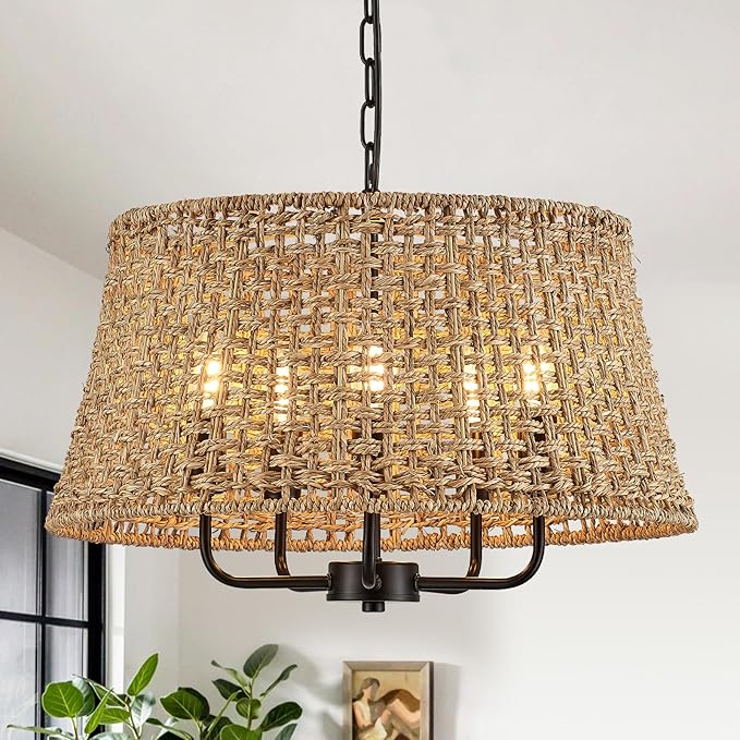 Hand-Woven Rattan Chandelier Vintage Farmhouse Boho Bamboo Chandeliers Light Fixture Retro Drum Wicker Rattan Black Chandelier for Dining Room, Kitchen, Living Room