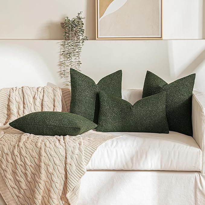 MIULEE 22x22 Christmas Decorative Euro Sham Throw Pillows for Bed Set of 2 Textured Boucle Neutral Winter Throw Pillow Covers Dark Green Accent Solid Euro Couch Pillowcase Sofa Livingroom Home Decor