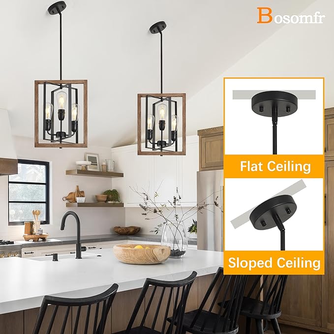 3-Light Chandelier for Entryway, Modern Farmhouse Chandelier for Foyer Bedroom Light Fixture, Rustic Hanging Lights for Dining Room Living Kitchen Island, Adjustable Black and Imitation Wood