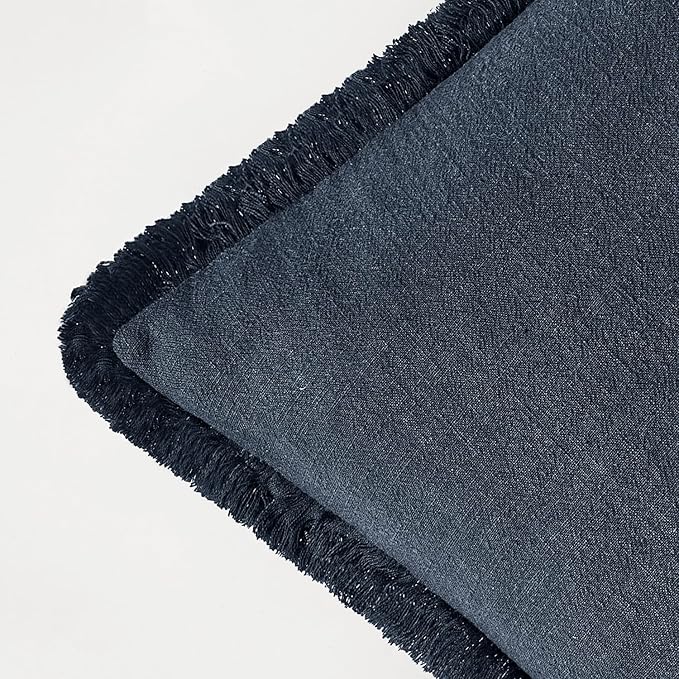 EMEMA Linen Fringe Throw Pillow Covers Set of 2 Boho Farmhouse Accent Decorative Pillowcase with Tassels for Couch Sofa Bed Living Room Home Decor 18x18 Inch,Indigo Blue