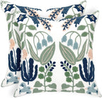 Alysheer Floral Embroidered Summer Decorative Throw Pillow Covers 20"x 20" Set of 2, Farmhouse Cottage Navy Blue Green Flowers Leaves Knit Pattern Cotton Canvas Cushion Case for Couch Bed Living Room