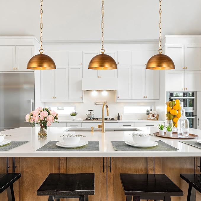KSANA Pendant Light Kitchen Island, 10" Modern Gold Pendant Lighting Dome Shade Pendant Light Fixtures for Kitchen, Dining Room, Hallway, Brushed Antique Gold Finish