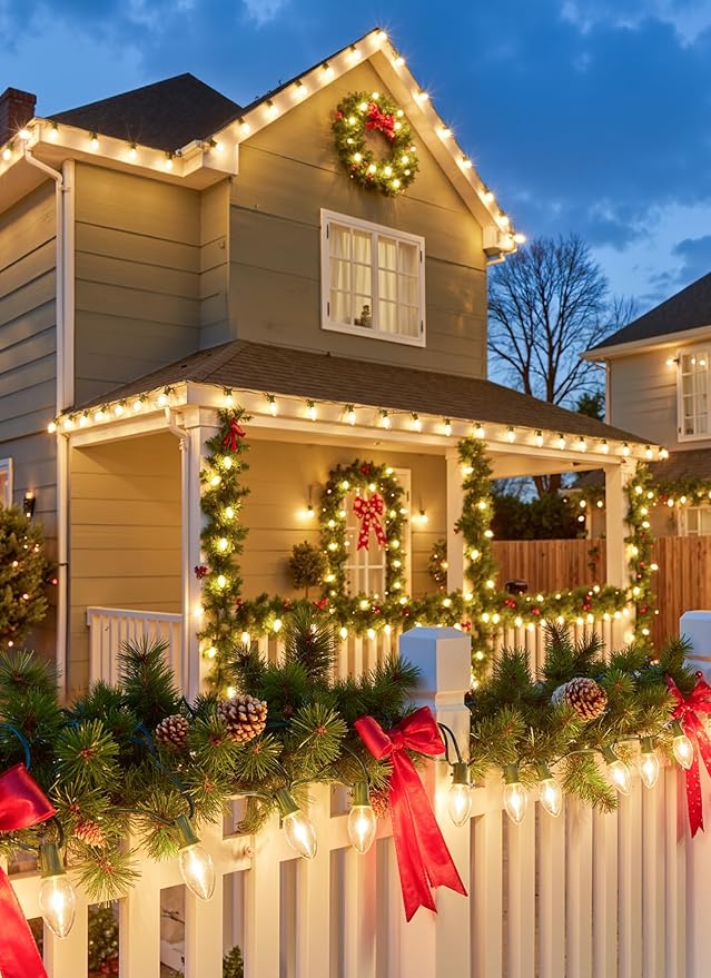 Vintage C9 LED Christmas Lights, 100 Feet C9 String Lights with 100 LED C9 Plastic Bulbs, Waterproof Connectable Lights for Christmas Tree Roofline Garden Patio Backyard Cafe Decor, Warm White