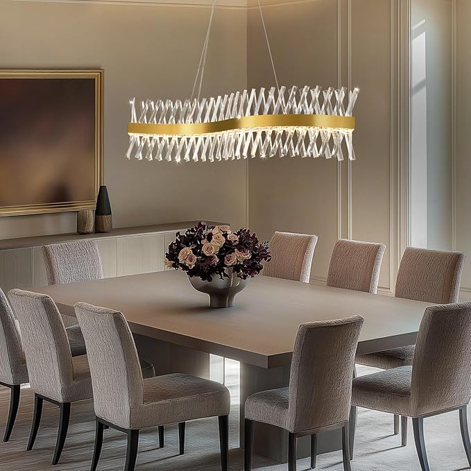 Modern Crystal Chandeliers, L47" Large Chandeliers for Dining Room Over Table, S-shape Luxurious Gold Rectangular Dining Room Chandelier Linear Kitchen Island Lighting, Dimmable Ceiling Light Fixture