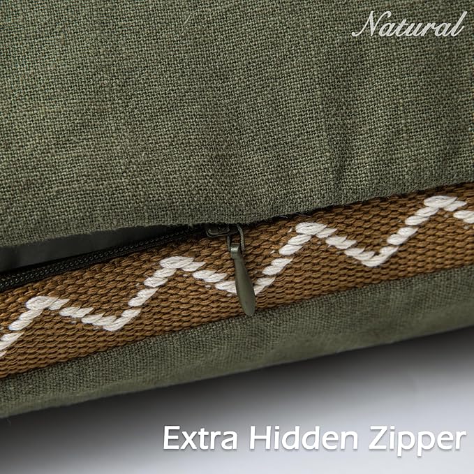 Olive Green Linen Cotton Throw Pillow Covers 20x20 Inch Set of 2, Modern Boho Aesthetic Accent Pillow Cases with Woven Flange for Couch Sofa Bed Room Earthy Tone Home Decor