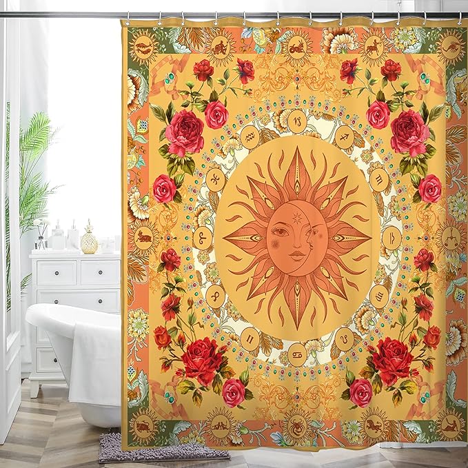Bohemian Bathroom Curtain Colorful Boho Floral Print Beautiful Bright Polyester Fabric Cloth Shower Curtain for Bathroom Decoration, 72"x72"