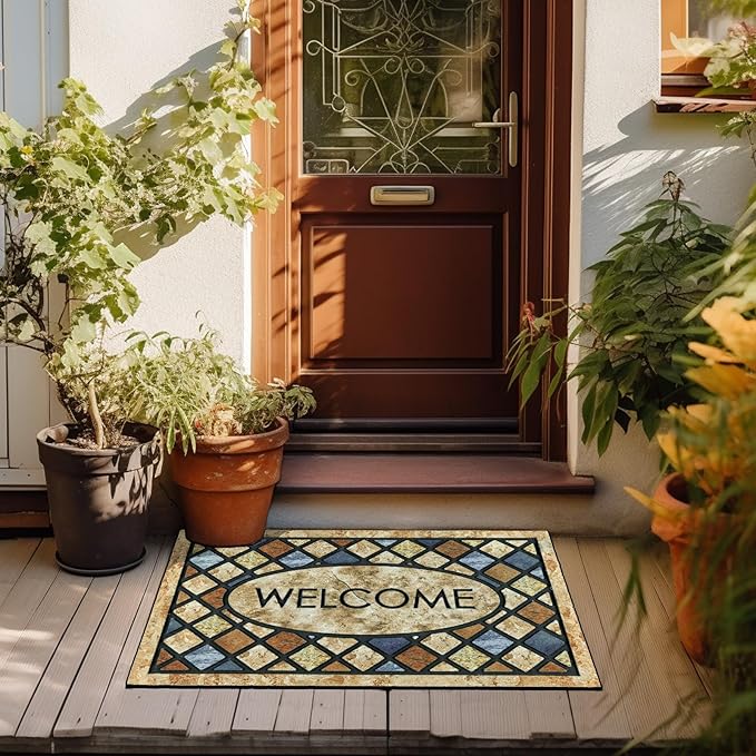 CHICHIC Blue Welcome Door Mat 17x 30 Inch Front Doormat Outdoors for Home Entrance Outdoors Mat for Outside Entry Way Doormat Entry Rugs, Heavy Duty Non Slip Rubber Back Low Profile