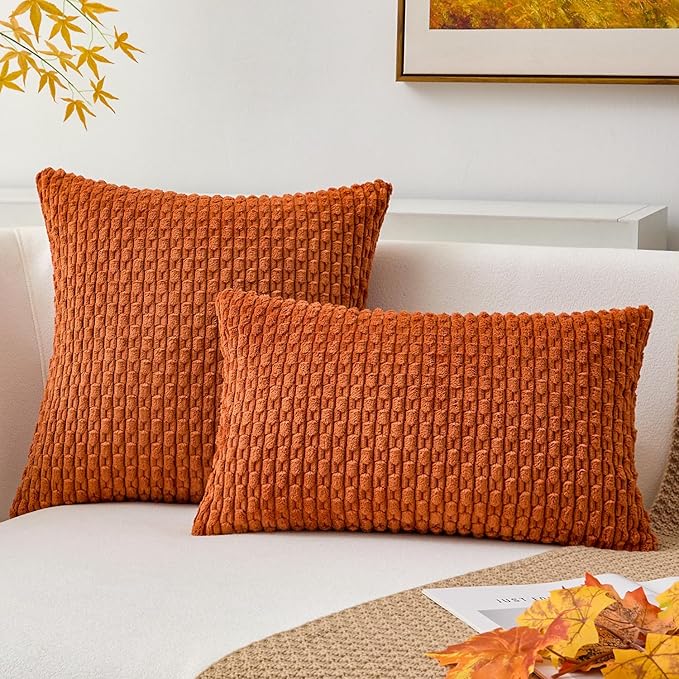 Kevin Textile Fall Pack of 2 Corduroy Decorative Throw Pillow Covers 16x16 Inch Soft Boho Striped Pillow Covers Modern Farmhouse Home Decor for Sofa Living Room Couch Bed Rust