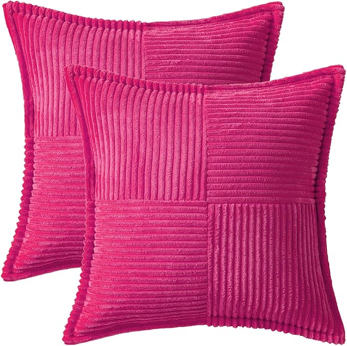MIULEE Decorative Throw Pillow Covers for Couch Bed Livingroom 18x18 Inch Set of 2 Hot Pink Boho Accent Throw Pllows Broadside Striped Patchwork Soft Corduroy Pillowcases