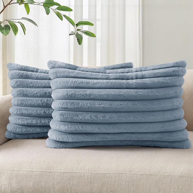 Pallene Faux Fur Plush Lumbar Throw Pillow Covers 12x20 Set of 2, Luxury Soft Fluffy Striped Decorative Pillow Covers for Sofa, Couch, Living Room, Blue Grey
