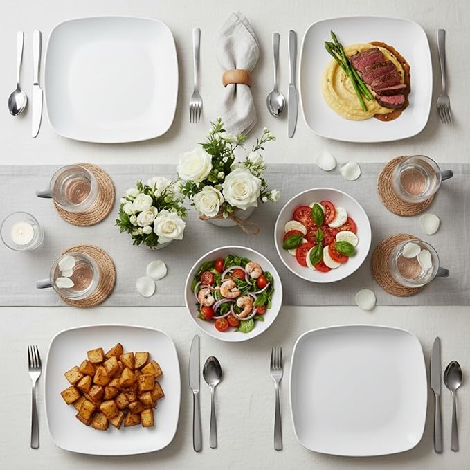 TP 10.5" Melamine Square Dinner Plates, 6-piece Plate Set Unbreakable Serving Dishes for Indoors and Outdoors, Unbreakable Dinner Service for 6, White
