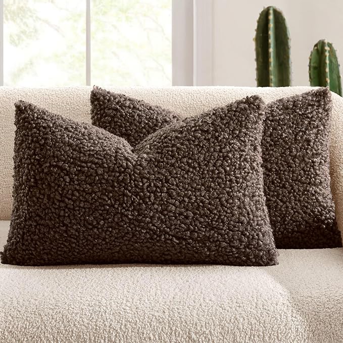 MIULEE Pack of 2 Throw Pillow Covers 12x20 Inch Neutral Chocolate Faux Fur Decorative Sherpa Pillow Covers Fuzzy Accent Soft Sheepskin Fleece Cushion Cases for Boho Home Decor Couch Living Room Bed