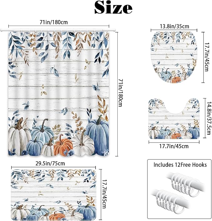 MEHOFOND 4pcs Fall Pumpkin Shower Curtain Set,Autumn Watercolor Blue White Pumpkin Shower Curtain Set,Farmhouse Eucalyptus Leaves Rustic Wood Bathroom Decor,Thanksgiving Holiday Curtains Set 72x72 in