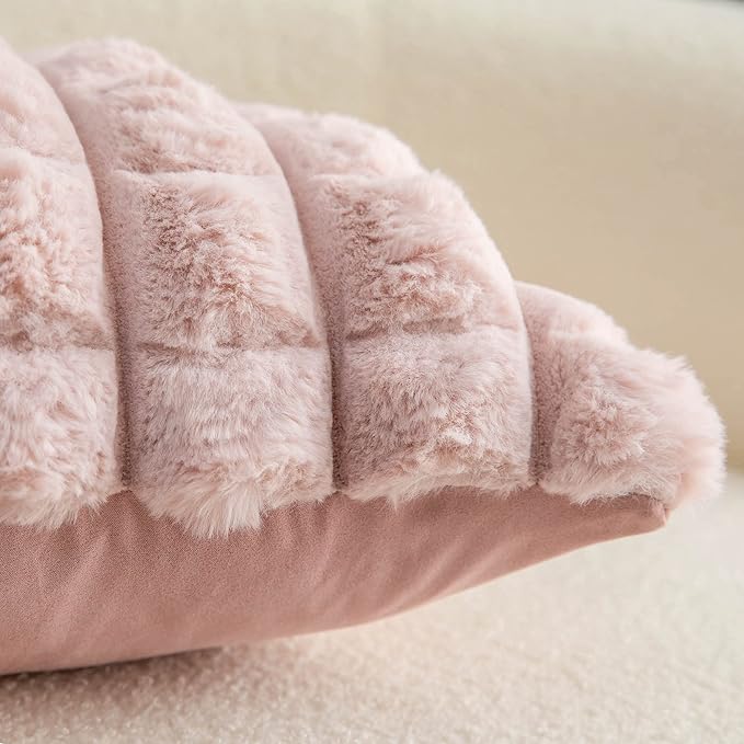 Neelvin Pink Faux Fur Cozy Soft Plaid Decorative Throw Pillow Covers 12x20 inch Set of 2,Velvet Pillowcase Cushion Case for Sofa Couch