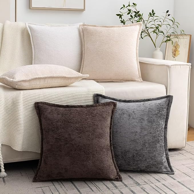Brown Decorative Throw Pillow Covers 24x24 Inch Set of 2 Cozy Soild Chenille Cushion Cases Soft Textured Square Couch Pillows Cover Boho Accent Farmhouse Pillowcases for Sofa Bed