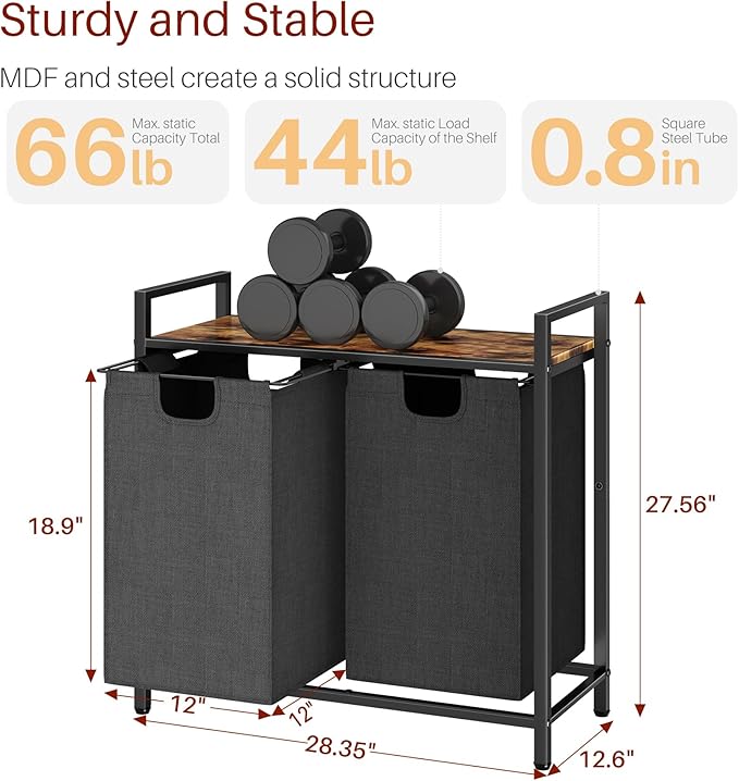 Laundry Basket Organizer, Laundry Hamper with Shelf & 2 Pull-Out Removable Bags, Dirty Clothes Hamper Organizer for Laundry Room Bathroom and Dorm, 2 x 11.8 gallons (44.5L)