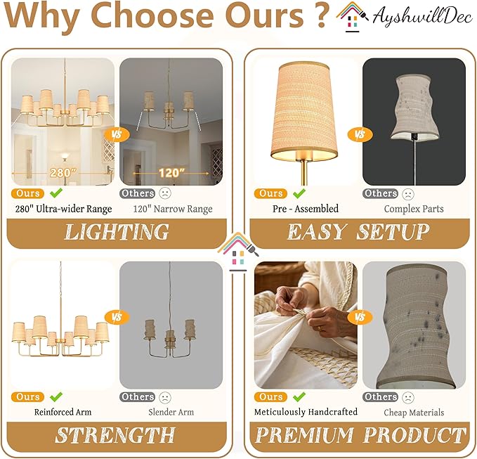 8-Light 39" Gold with Fabric Shades Chandelier Farmhouse Linear Island Lighting Fixture Large Adjustable Pendant Lighting Fixtures for Living Room Kitchen Island Dining Room