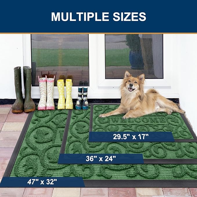Smiry Welcome Door Mat Outside Entrance, Heavy Duty Trap Dirt and Moisture Easy Clean Low Profile Patio Porch Indoor Outdoor Front Doormat for Entry, 29.5x17 Inch, Green/Welcome