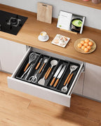 Kitsure Expandable Silverware Organizer – Large Utensil Drawer Kitchen Organization with 5 Compartments, Easy-Clean, Home & Apartment Essentials, Black, 13.6" x 1.4"x 11.0"~19.9"