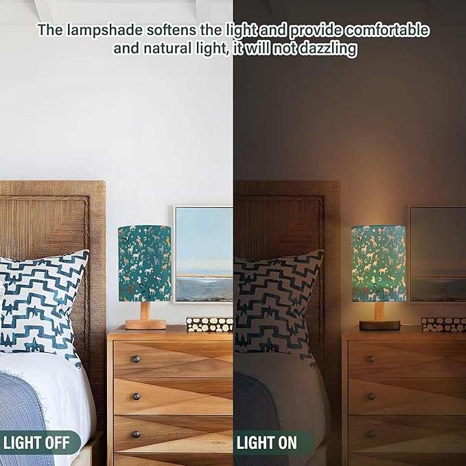 Table Lamp Horse Pattern Colorful Star Horseshoes Letter Nightstand Lamp with Wood Base Fabric Lamp Shade Bedside Desk Lamp for Living Room Bedroom Kids Room Office