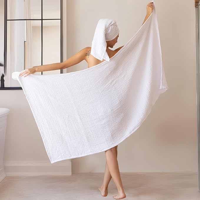 Ultra Soft Muslin Towel Adult Set, 100% Turkish Cotton 4-Layer 2 Pieces Luxury Muslin Hand & Bath Towels Sets for Bathroom (White, 1 Bath & 1 Hand Towel Set)