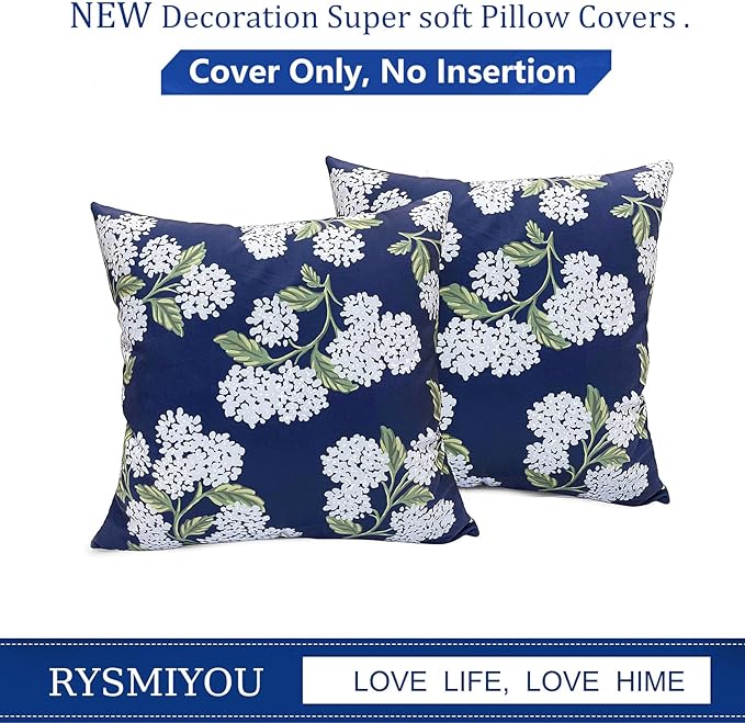 Decorative Throw Pillow Covers Set of 2 Blue Hydrangea Pillow Covers 16x16 inch Super Soft Short Plush Square Floral Throw Pillows,Farmhouse Outdoor Pillow Covers for Couch Living Room