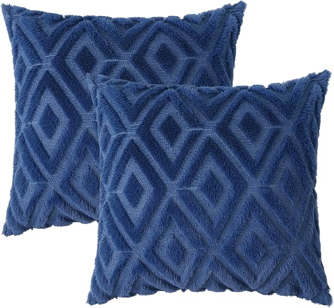 Pallene Navy Blue Throw Pillow Covers 20x20 Set of 2, Soft Plush Faux Fur Decorative Couch Pillow Covers for Sofa Bed Living Room Pillow Cases with 3D Diamond Pattern