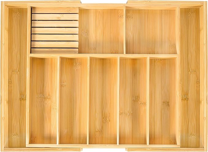 VaeFae Extra Large Kitchen Utensil Holder, Bamboo Silverware Drawer Organizer, Expandable Cutlery Organizer with Knife Block, Multifunctional Wooden Drawer Divider