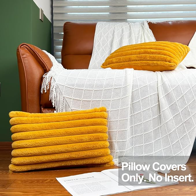 12x20 Throw Pillow Covers Set of 2, Decorative Faux Fur Covers for Bed, Couch Soft Fluffy Pillow Cover with Velvet Back for Living Room, Neutral Home Décor Accent for Sofa - Yolk Yellow