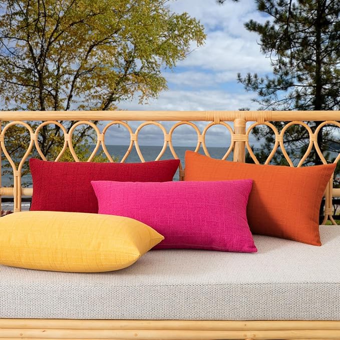 Kevin Textile Fall Outdoor Waterproof Throw Pillow Covers Decorative Farmhouse Water Resistant Checkered Cushion Covers for Tent Patio Garden Couch Sofa Pack of 2 (12x20 Inch Orange)