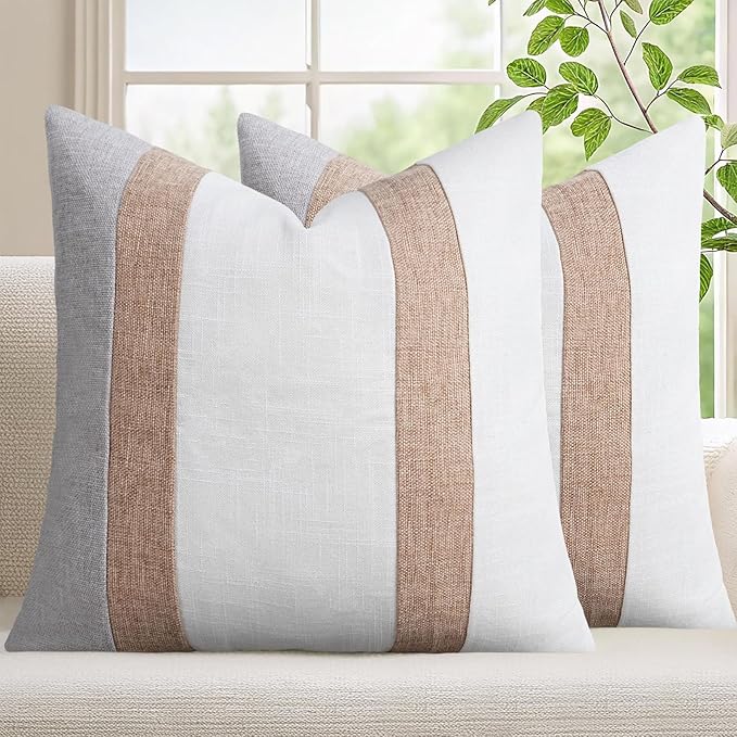 Adabana Modern Pillow Covers 18x18 Set of 2 Farmhouse Decor Patchwork Linen Cushion Covers for Living Room Couch Bed White and Beige