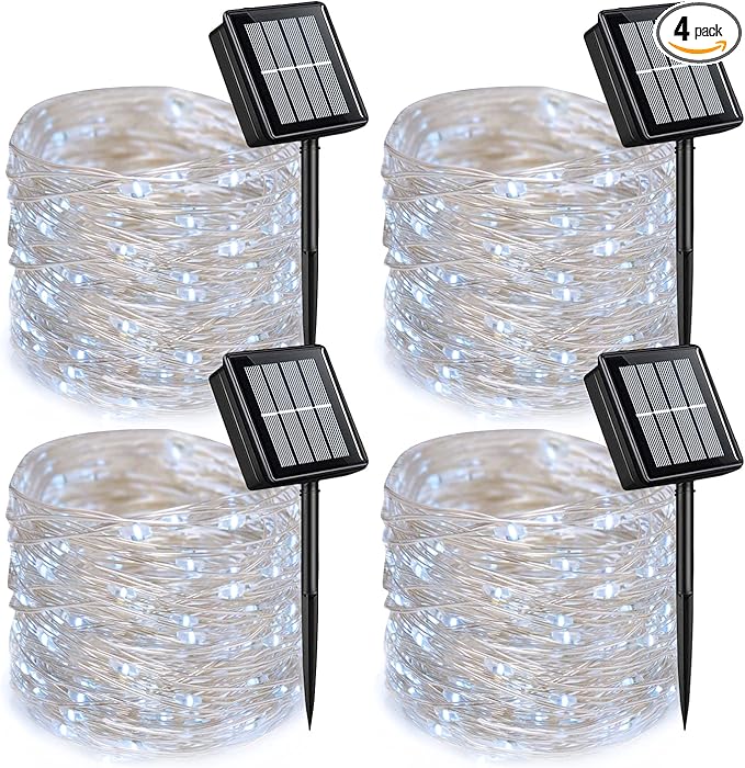 QITONG 4 Pack White Solar Fairy Lights, Each 33ft 100 LED String Light Outdoor Waterproof, 8 Modes Silver Wire Christmas Twinkle Lights