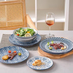 Bestone Porcelain Dinnerware Sets Service for 4, 12 pcs Hand drawn Plates and Bowls Sets, Handmade Ceramic Dish Set, Chip Resistant Modern Plate Set, Dishwasher/Microwave Safe，Vintage Blue