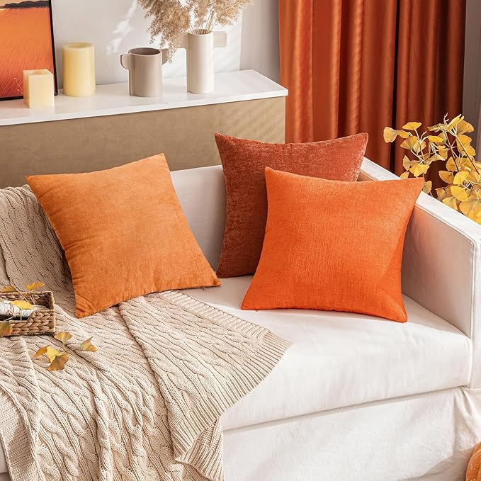 MIULEE Fall Pack of 2 Orange Throw Pillow Covers 20x20 Inch Soft Chenille Pillow Covers for Sofa Living Room Couch Solid Dyed Cases