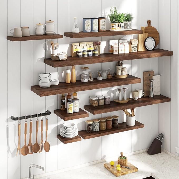 Floating Shelves for Wall with Invisible Brackets, Wall Mounted Engineered Wood Shelves with Wood Grain for Living Room, Bedroom, Bathroom, Kitchen Decor and Storage, Oak, 71"L Set of 2, Walnut