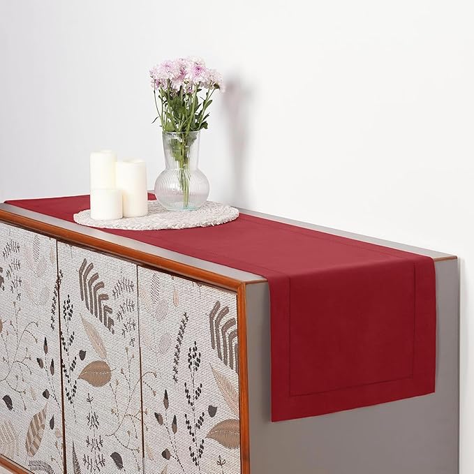D'Moksha Homes Linen Red Table Runner 144 Inches Long - 100% Pure Linen Extra Long Table Runner 14 x 144 Inch for Fall, Autumn and Halloween - Classic Hemstitch