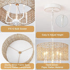 Rattan Chandelier 5-Light Farmhouse Boho Pendant Light Fixture for Dining Room Brown and White Woven Chandeliers for Ceiling Light,Bedroom,Living Room,Foyer,Kitchen Island,Coastal,Stairway,Hallway