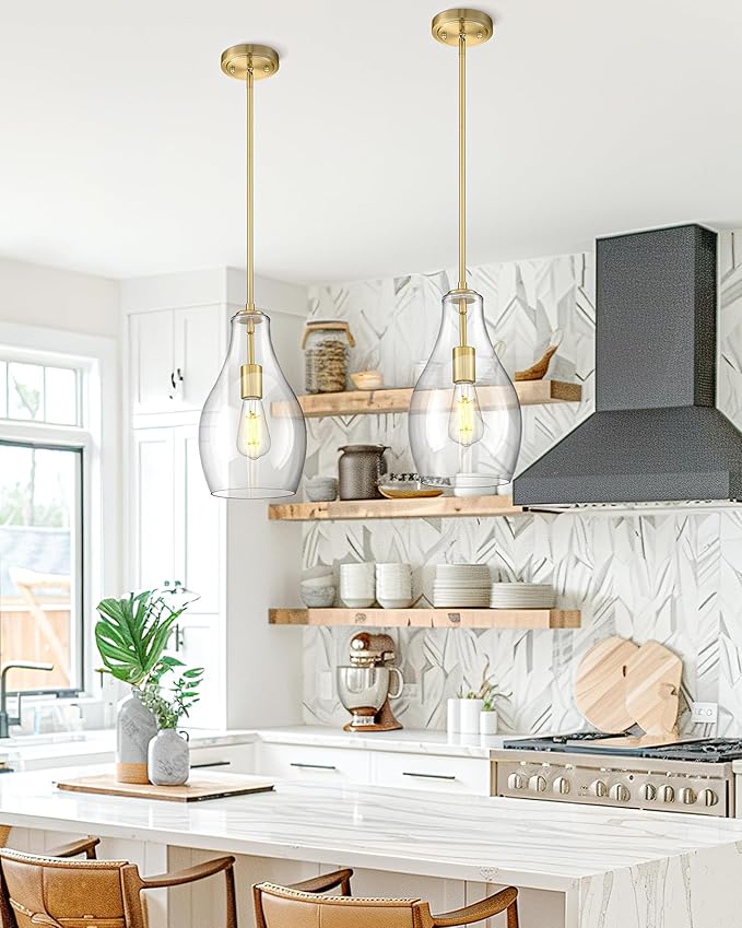 2-Pack Pendant Lights Kitchen Island, 8" Gold Hanging Light Fixtures with Clear Glass Shade, Modern Brass Kitchen Pendant Lighting Over Island for Dining Room, AD-25045-2PB-GD