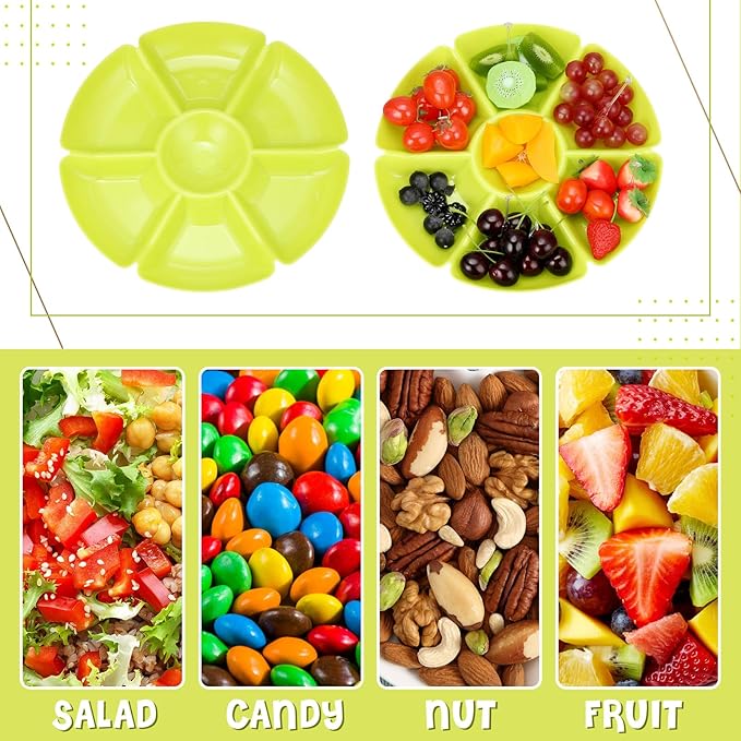 Zhehao 6 Pcs Plastic Divided Serving Trays with 60 Pcs Disposable Fork, 7 Compartments Round Chip Dip Plate, Petal Shape Platter, 10.6'' Snacks Serving Dish for Party Candy Nuts Fruits (Bright Color)