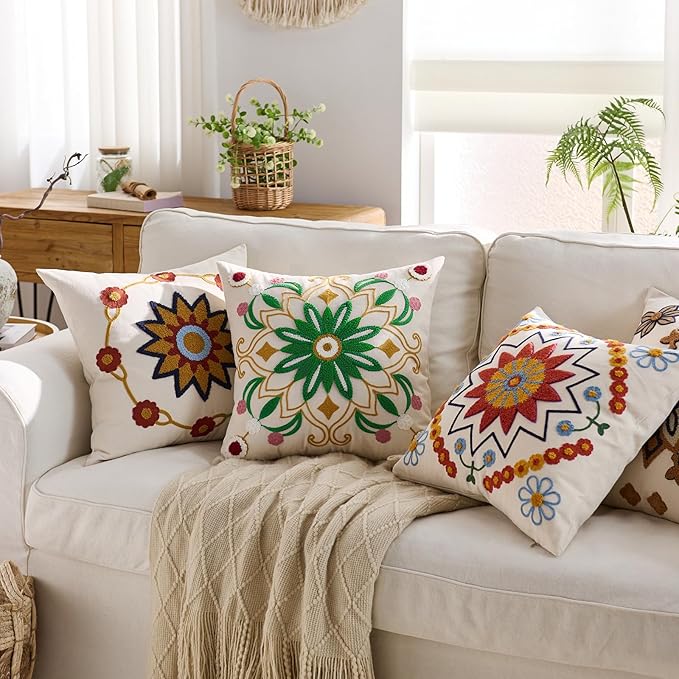 Embroidered Throw Pillow Cover 18x18 Classic Boho Floral Pattern Pillows Cover Outdoor Decorative Pillowcase,Durable Cozy Textured Cushion Case for Sofa Couch Bed Living Room,Green Yellow