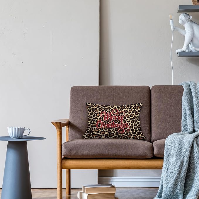 JINYO Leopard Print Merry Christmas Pillow Covers 12x20, Leopard Christmas Home Decor, Trendy Xmas Cheetah Holiday Lumbar Pillow Covers for Home Living Room Bedroom Sofa Couch