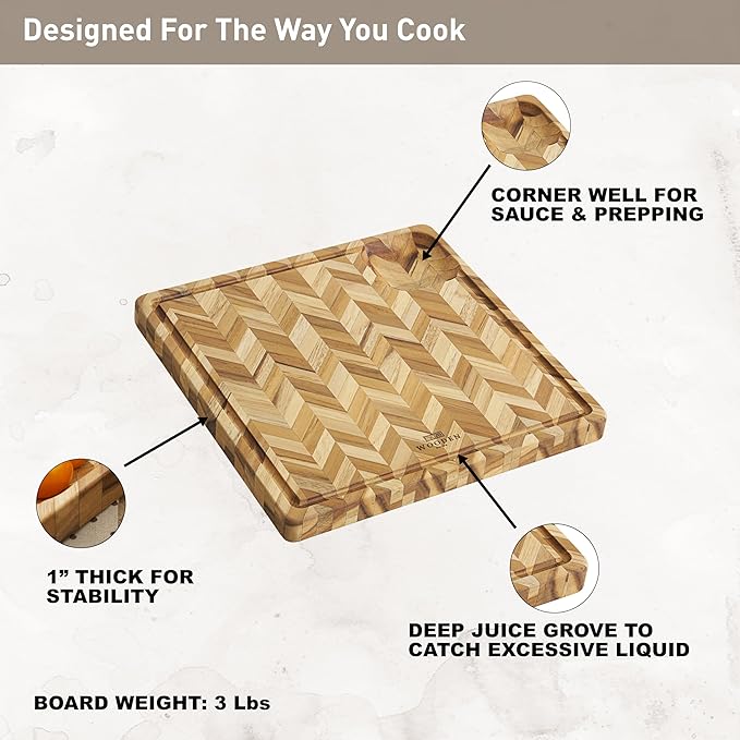 Teak Cutting Board for Kitchen (Small) – Herringbone Butcher Block with Juice Groove & Corner Well, Charcuterie Board, Food-Safe, Gift-Ready, 11.8 x 11.8 x 1 in