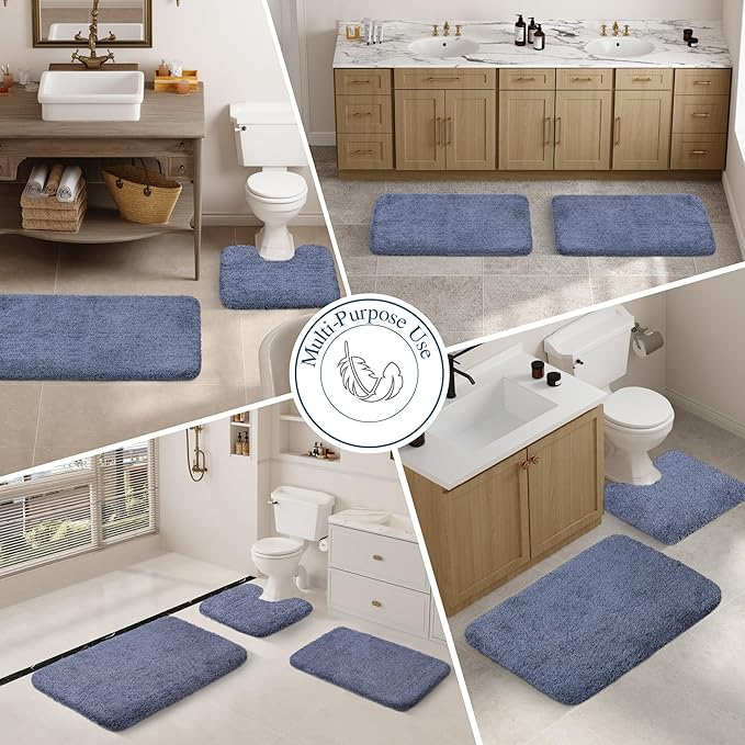 Walensee Contour Rug (20x24, Blue) Non Slip Bath Mat for Bathroom Water Absorbent Soft Microfiber Shaggy Mat Machine Washable U Shape Toilet Rug