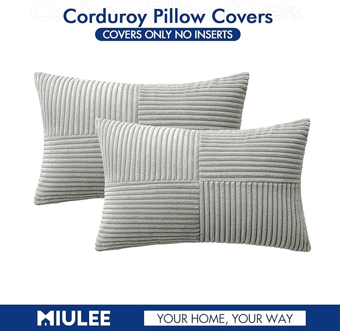 MIULEE Silver Grey Corduroy Pillow Covers Pack of 2 Boho Decorative Spliced Throw Pillow Covers Soft Solid Couch Pillowcases Cross Patchwork Textured Cushion Covers for Living Room Bed Sofa 12x20 inch