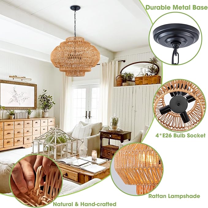 23.6-in Rattan Chandelier Boho Pendant Light Fixture Dinning Room Chandelier Boho Hanging Light Large Basket Light Woven Rattan Pendant Light for Kitchen Island Bedroom Farmhouse Living Room