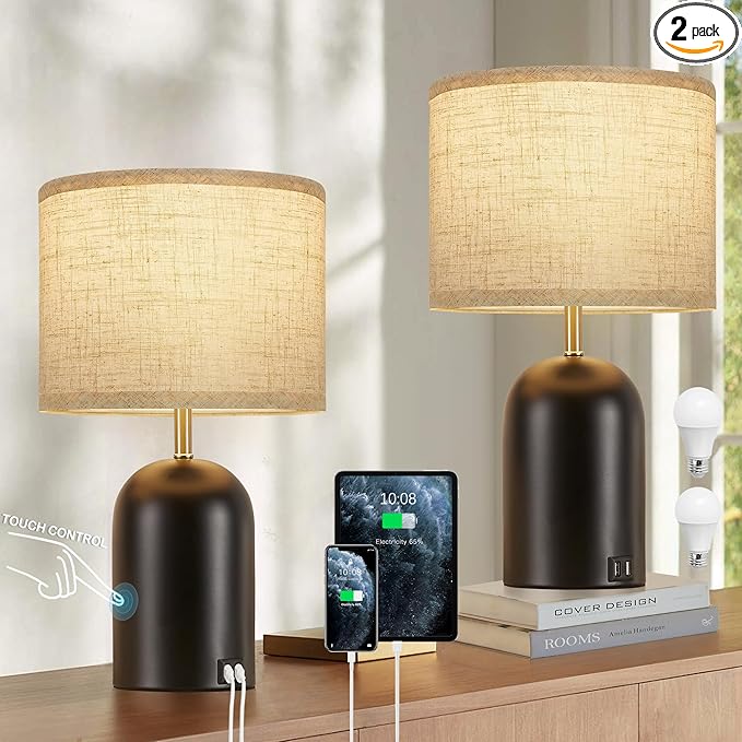 Bedside Lamps with USB C+A Charging Ports, Table Lamp Touch Control 3-Way Dimmable Modern Lamp for Bedroom Lamps for Night Stands with Fabric Shade for Living Room Office Dorm (LED Bulbs Included)