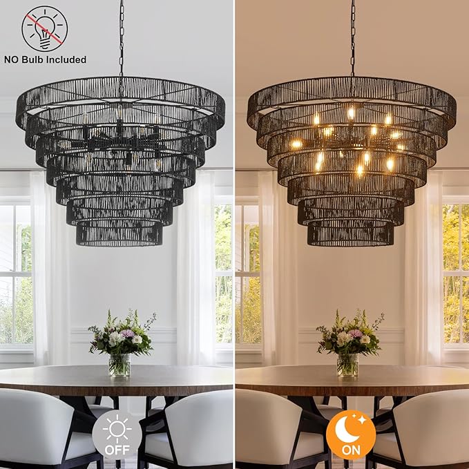 39.4“ Large Black Rattan Chandelier Vintage Farmhouse 15-Lights Boho Hand-Woven Bamboo Chandeliers Light Fixture Rustic Drum Wicker Chandelier for Dining Room, Living Room, Kitchen Island, E12